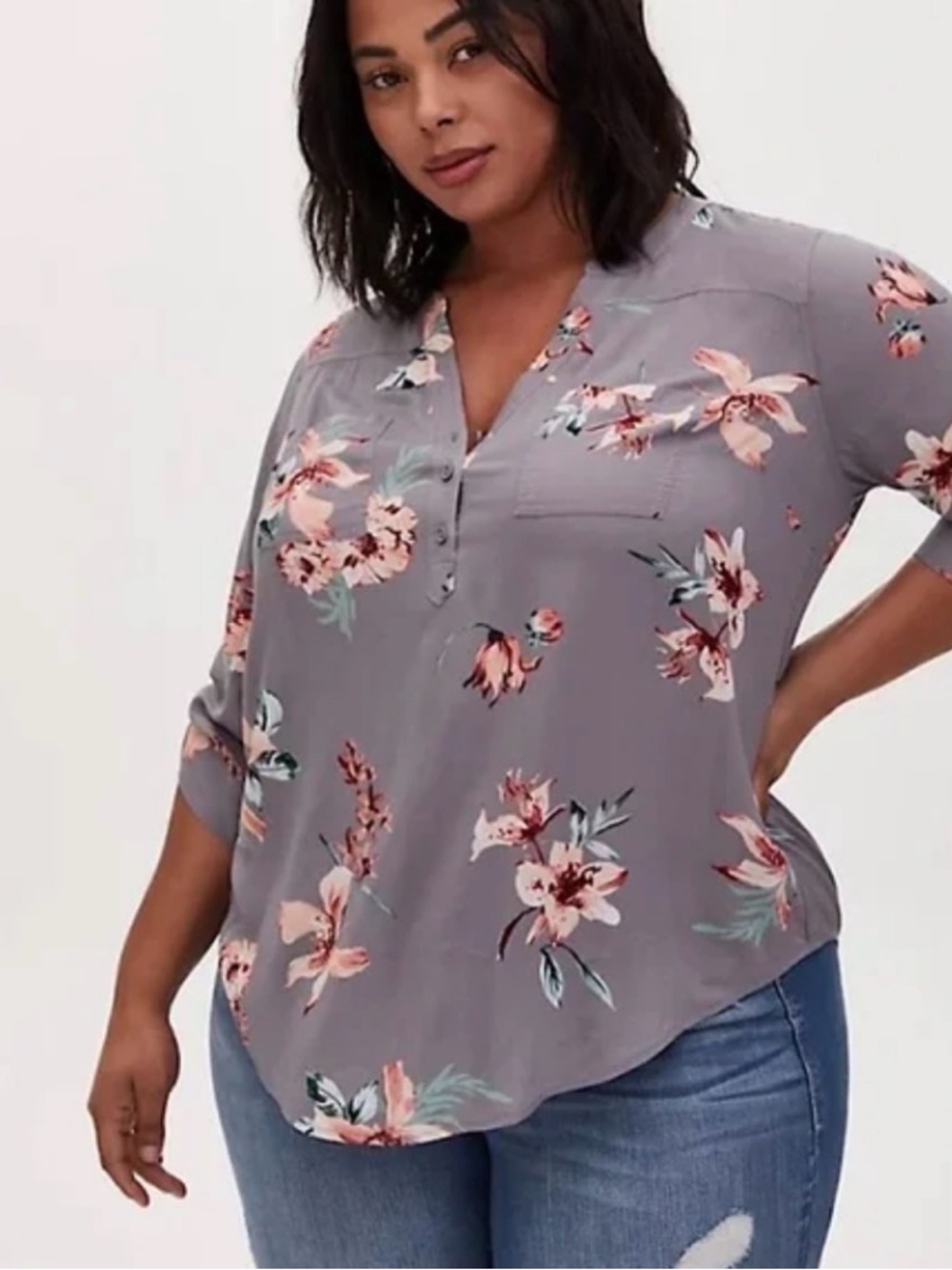 torrid Gray Floral V-Neck Blouse with Pink Accents